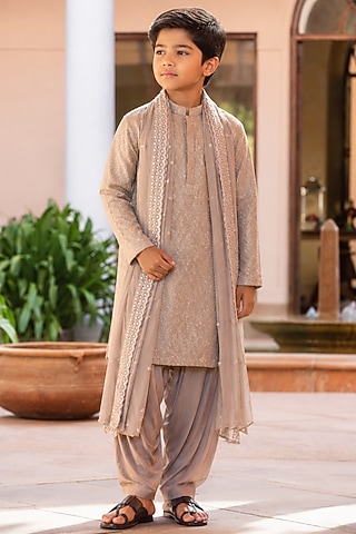Almond-Colored Chikankari Kurta Set For Boys by Bohame Kids