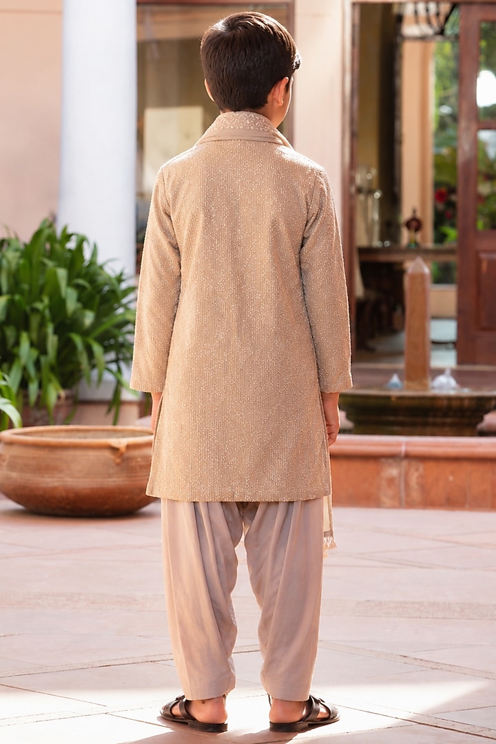 Almond-Colored Chikankari Kurta Set For Boys by Bohame Kids at Pernia's Pop Up Shop