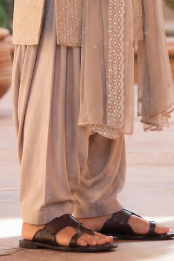 Almond-Colored Chikankari Kurta Set For Boys by Bohame Kids at Pernia's Pop Up Shop