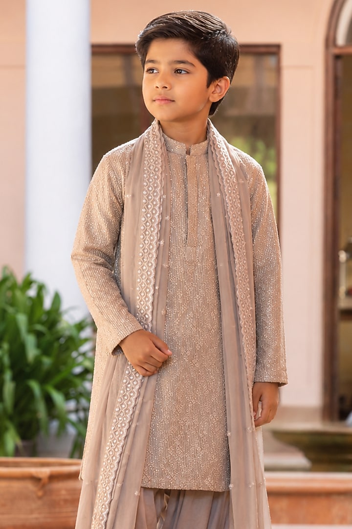Almond-Colored Chikankari Kurta Set For Boys by Bohame Kids at Pernia's Pop Up Shop