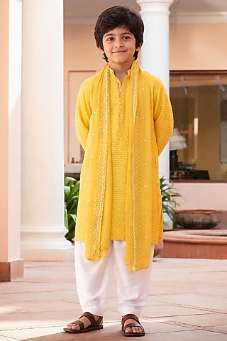 Mustard Chikankari Embroidered Kurta Set For Boys by Bohame Kids