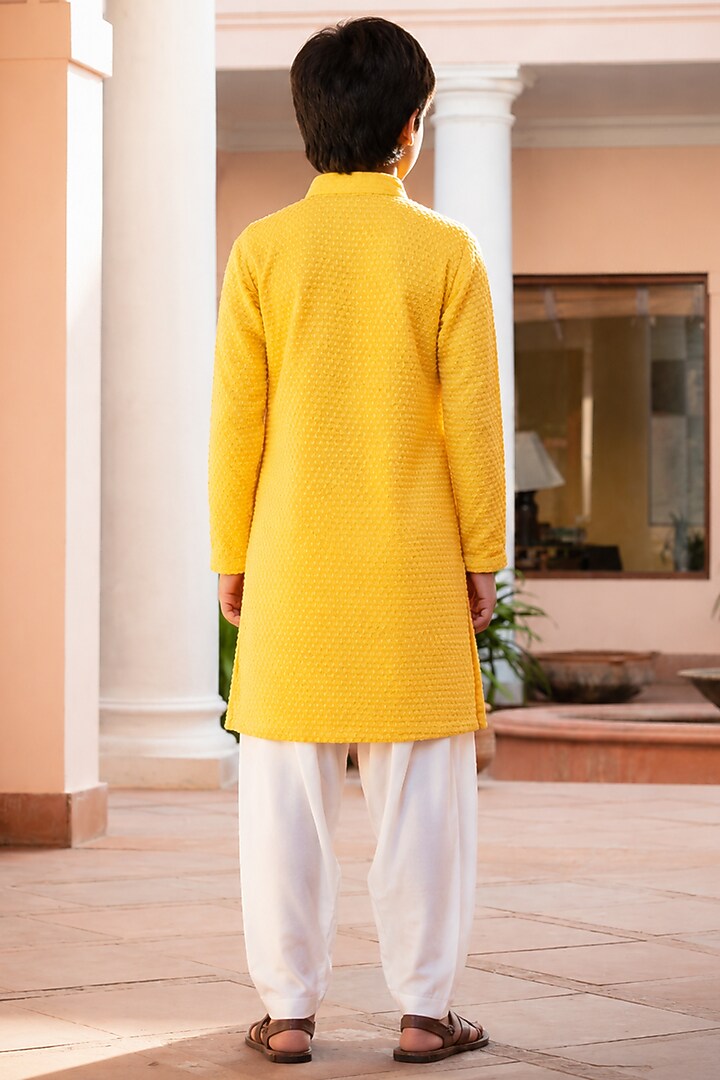 Mustard Chikankari Embroidered Kurta Set For Boys by Bohame Kids at Pernia's Pop Up Shop