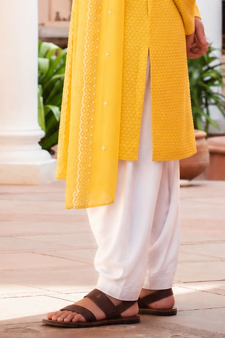 Mustard Chikankari Embroidered Kurta Set For Boys by Bohame Kids at Pernia's Pop Up Shop