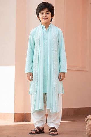 Cruise Blue Chikankari Embroidered Kurta Set For Boys by Bohame Kids
