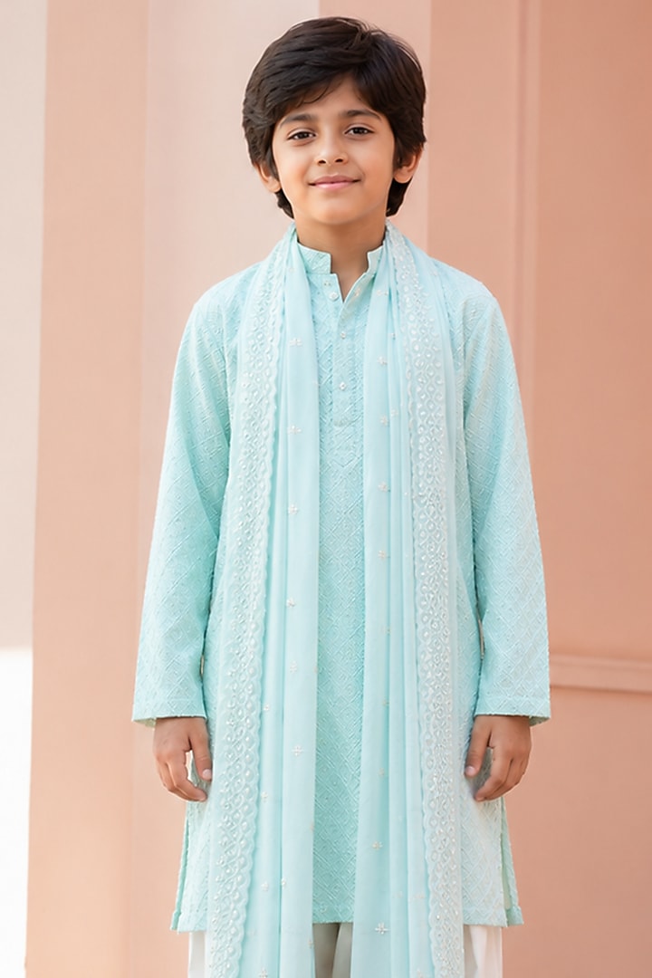 Cruise Blue Chikankari Embroidered Kurta Set For Boys by Bohame Kids at Pernia's Pop Up Shop