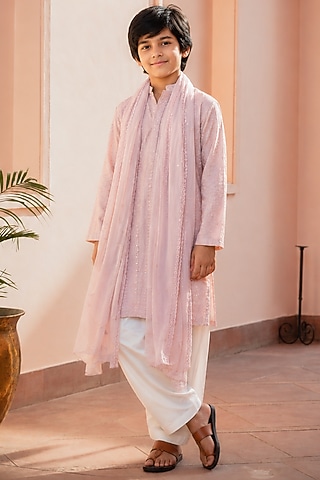 Light Pink Chikankari Embroidered Kurta Set For Boys by Bohame Kids