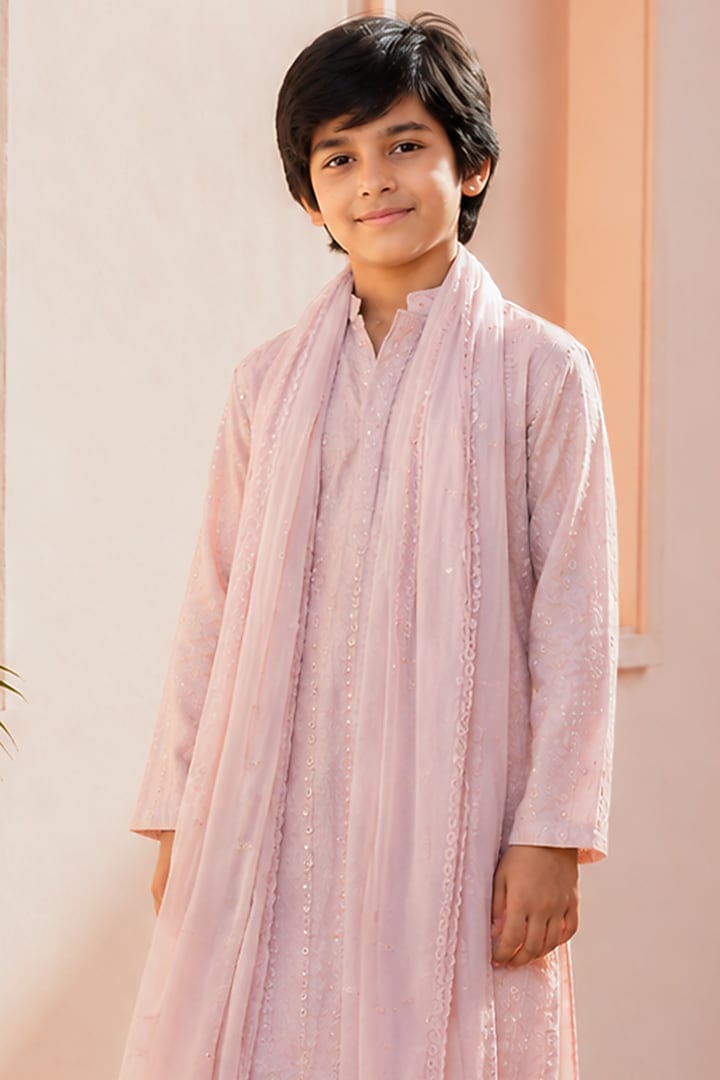 Light Pink Chikankari Embroidered Kurta Set For Boys by Bohame Kids at Pernia's Pop Up Shop