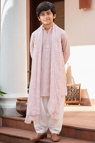 Dusty Rose Pink Chikankari Embroidered Kurta Set For Boys by Bohame Kids