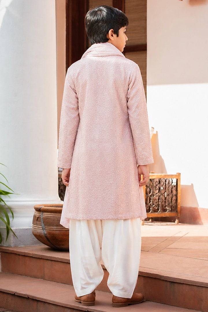 Dusty Rose Pink Chikankari Embroidered Kurta Set For Boys by Bohame Kids at Pernia's Pop Up Shop