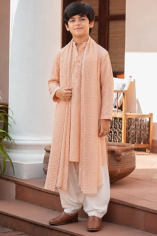Peach Chikankari Embroidered Kurta Set For Boys by Bohame Kids