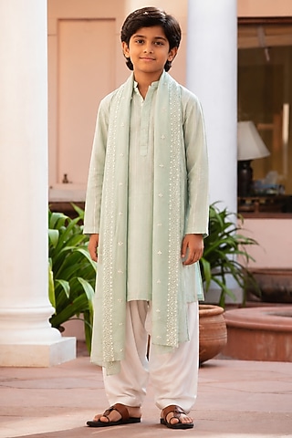 Sage Green Chikankari Embroidered Kurta Set For Boys by Bohame Kids