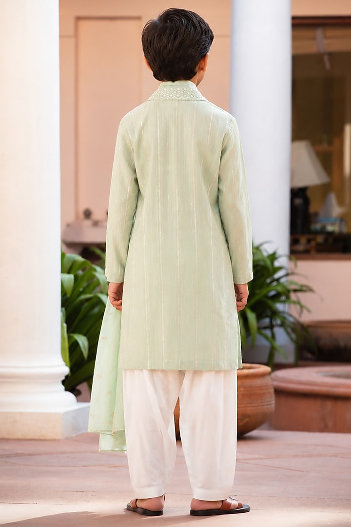 Sage Green Chikankari Embroidered Kurta Set For Boys by Bohame Kids at Pernia's Pop Up Shop