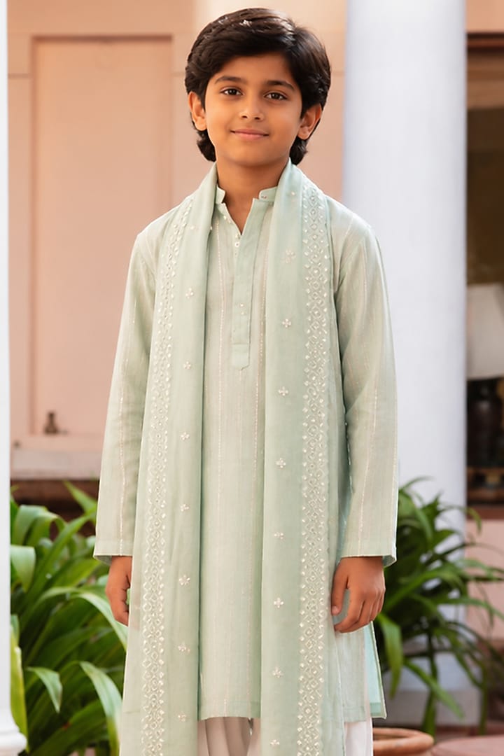 Sage Green Chikankari Embroidered Kurta Set For Boys by Bohame Kids at Pernia's Pop Up Shop