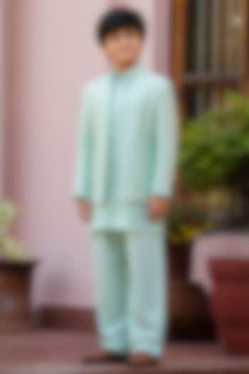 Sage Green Chikankari Indowestern Set For Boys by Bohame Kids at Pernia's Pop Up Shop