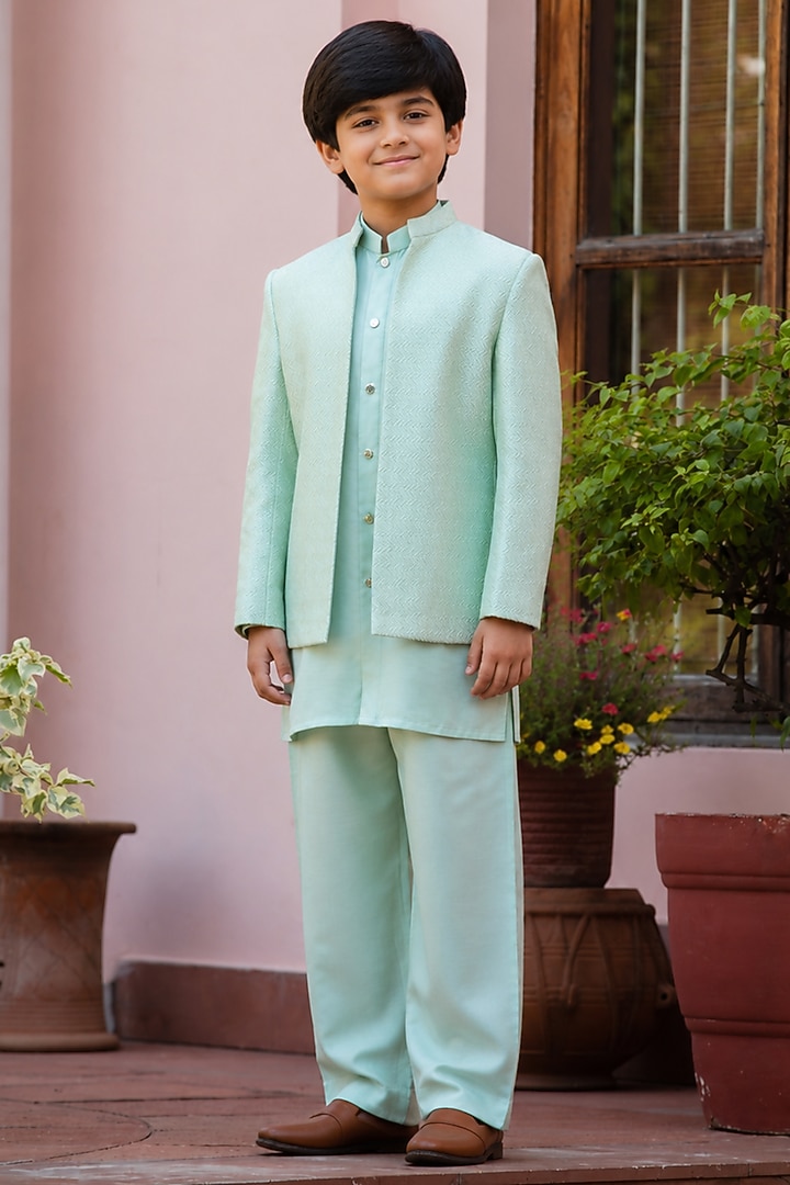 Sage Green Chikankari Indowestern Set For Boys by Bohame Kids at Pernia's Pop Up Shop