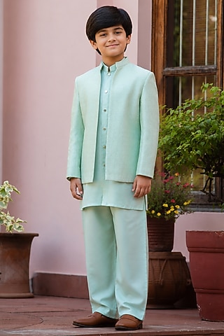 Sage Green Chikankari Indowestern Set For Boys by Bohame Kids