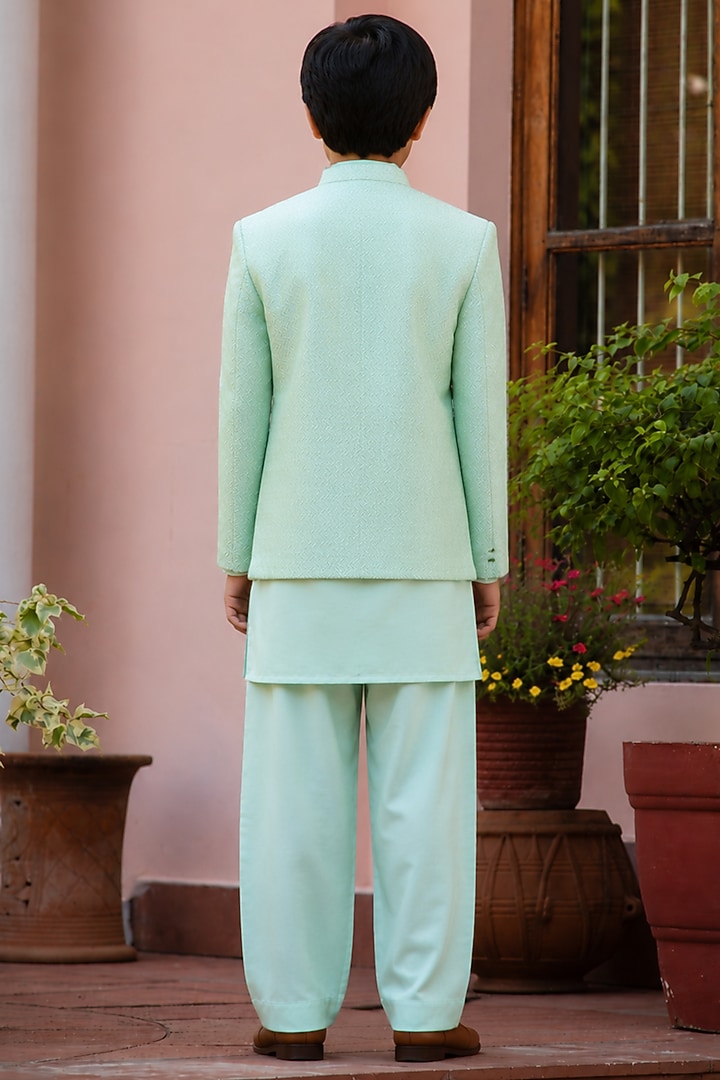 Sage Green Chikankari Indowestern Set For Boys by Bohame Kids at Pernia's Pop Up Shop
