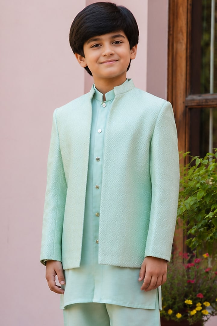 Sage Green Chikankari Indowestern Set For Boys by Bohame Kids at Pernia's Pop Up Shop