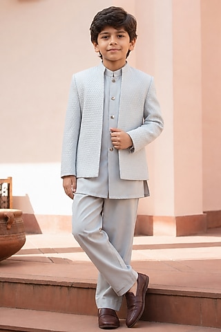 Powder Grey Chikankari Indowestern Set For Boys by Bohame Kids