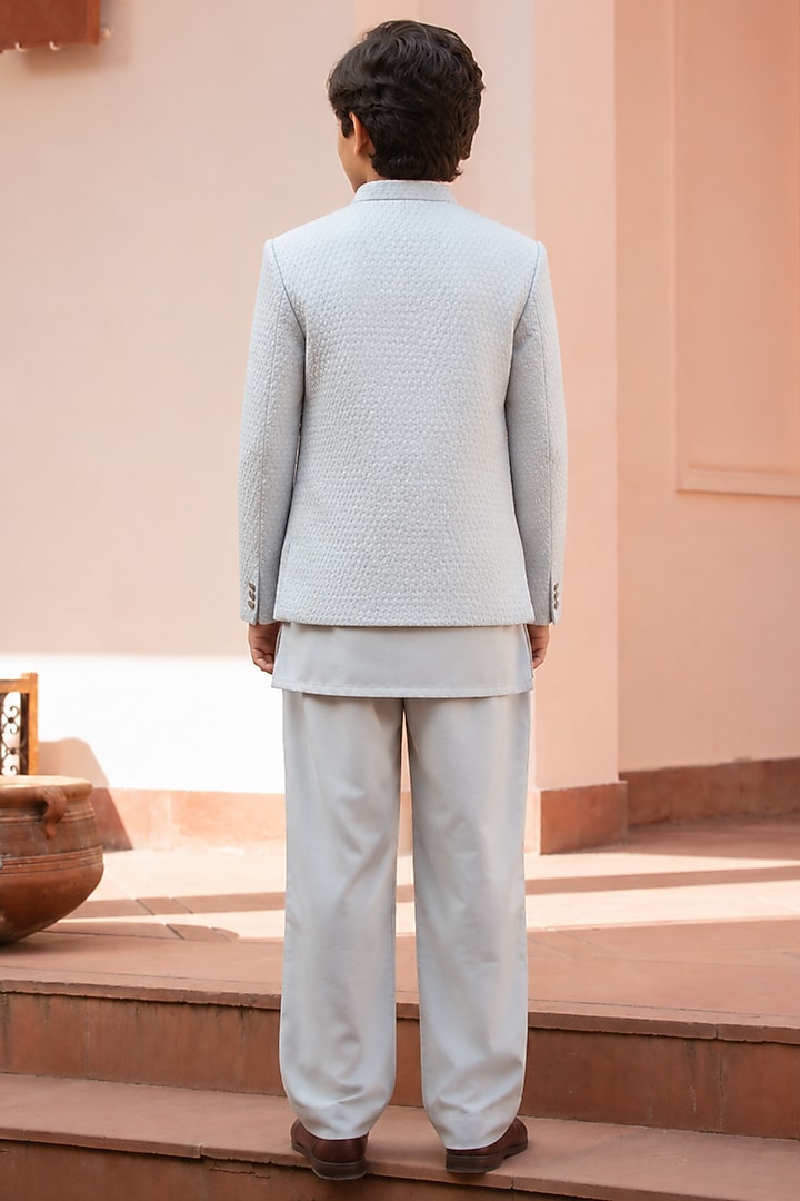 Powder Grey Chikankari Indowestern Set For Boys by Bohame Kids at Pernia's Pop Up Shop