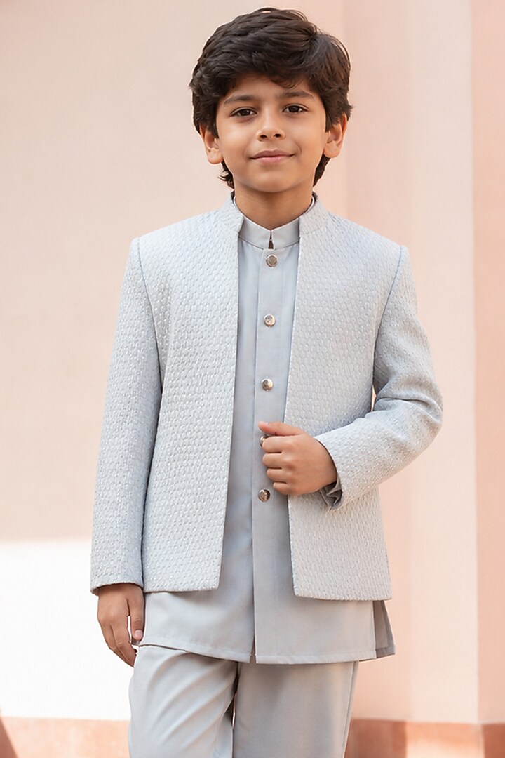 Powder Grey Chikankari Indowestern Set For Boys by Bohame Kids at Pernia's Pop Up Shop