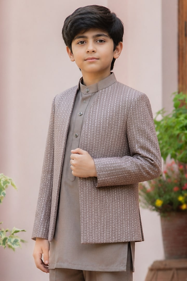 Rose Gold Chikankari Indowestern Set For Boys by Bohame Kids at Pernia's Pop Up Shop