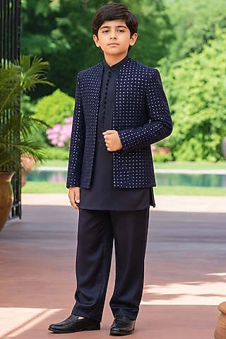 Navy Blue Chikankari Embellished Indowestern Set For Boys by Bohame Kids