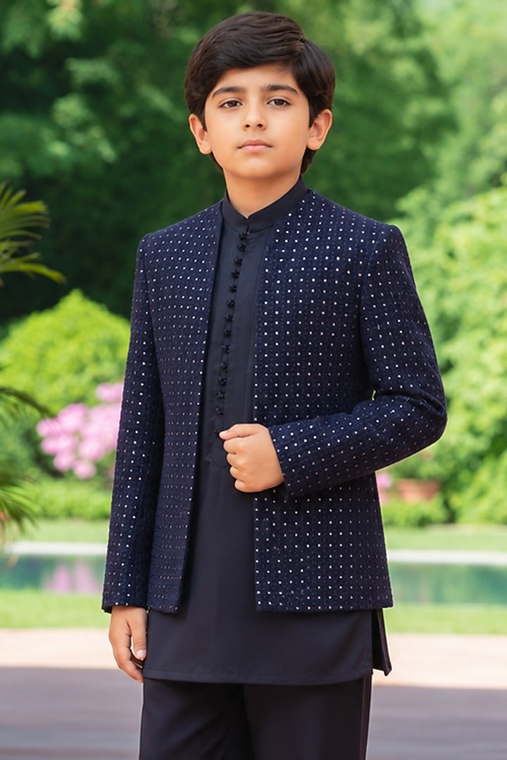 Navy Blue Chikankari Embellished Indowestern Set For Boys by Bohame Kids at Pernia's Pop Up Shop