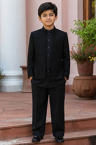 Black Chikankari Embellished Indowestern Set For Boys by Bohame Kids