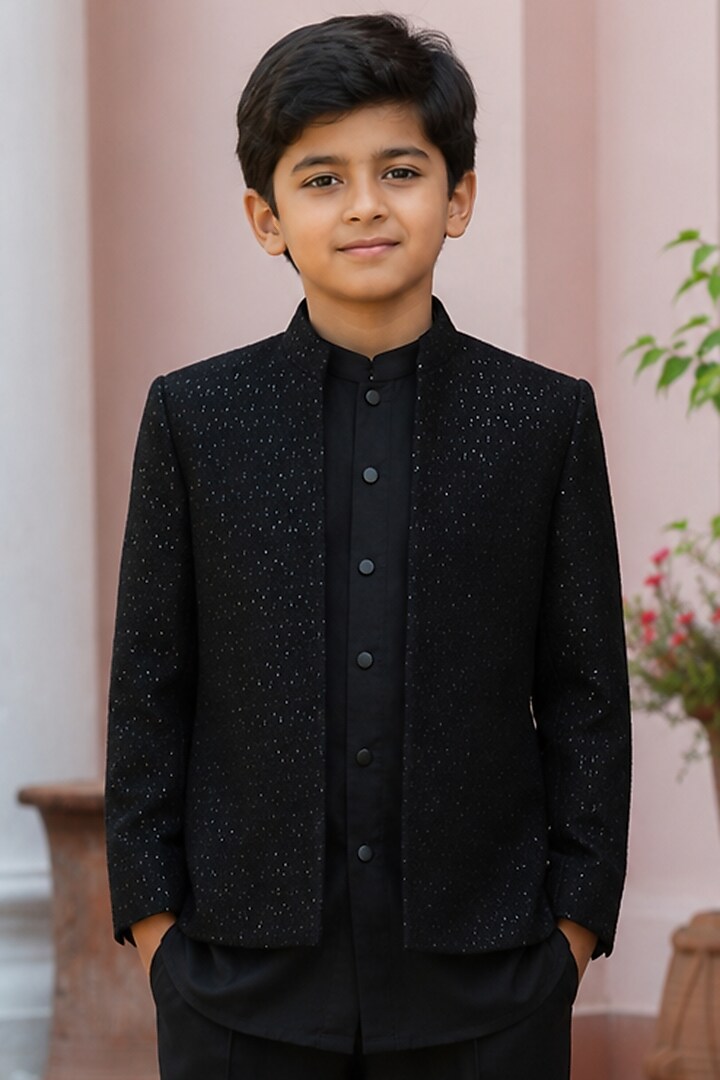 Black Chikankari Embellished Indowestern Set For Boys by Bohame Kids at Pernia's Pop Up Shop