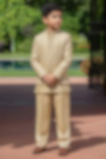 Champagne Gold Chikankari Embellished Indowestern Set For Boys by Bohame Kids at Pernia's Pop Up Shop