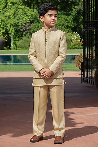 Champagne Gold Chikankari Embellished Indowestern Set For Boys by Bohame Kids