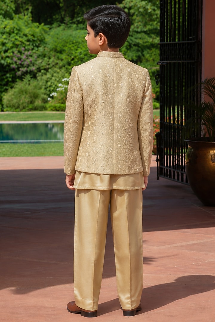 Champagne Gold Chikankari Embellished Indowestern Set For Boys by Bohame Kids at Pernia's Pop Up Shop