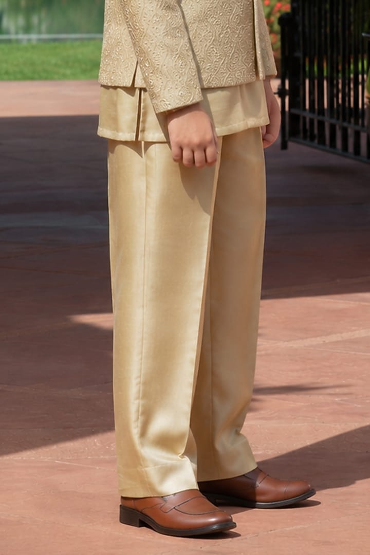 Champagne Gold Chikankari Embellished Indowestern Set For Boys by Bohame Kids at Pernia's Pop Up Shop