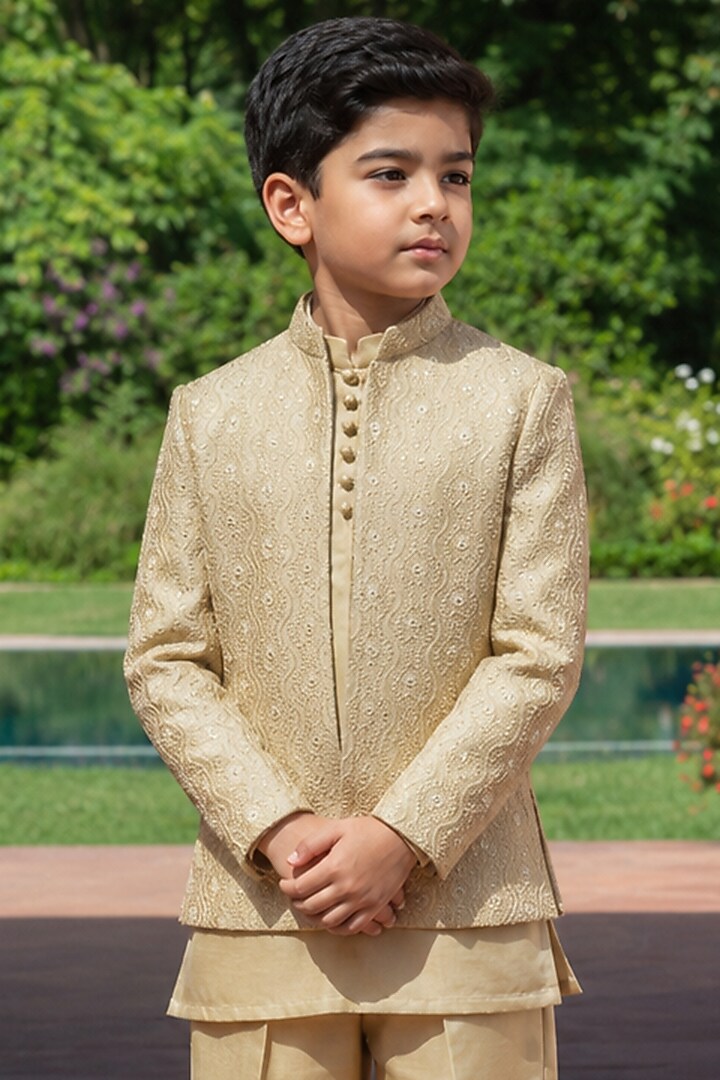 Champagne Gold Chikankari Embellished Indowestern Set For Boys by Bohame Kids at Pernia's Pop Up Shop