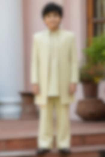 Beigish Gold Chikankari Indowestern Set For Boys by Bohame Kids at Pernia's Pop Up Shop