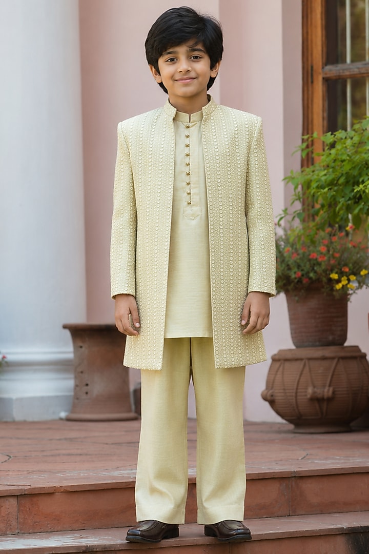 Beigish Gold Chikankari Indowestern Set For Boys by Bohame Kids at Pernia's Pop Up Shop