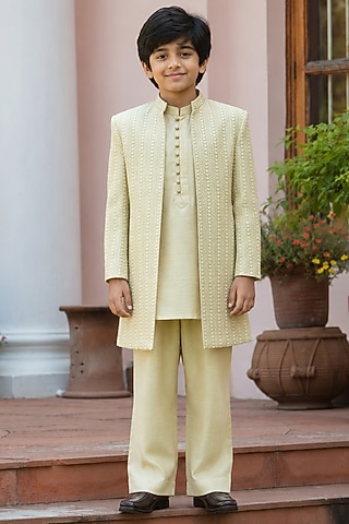 Beigish Gold Chikankari Indowestern Set For Boys by Bohame Kids