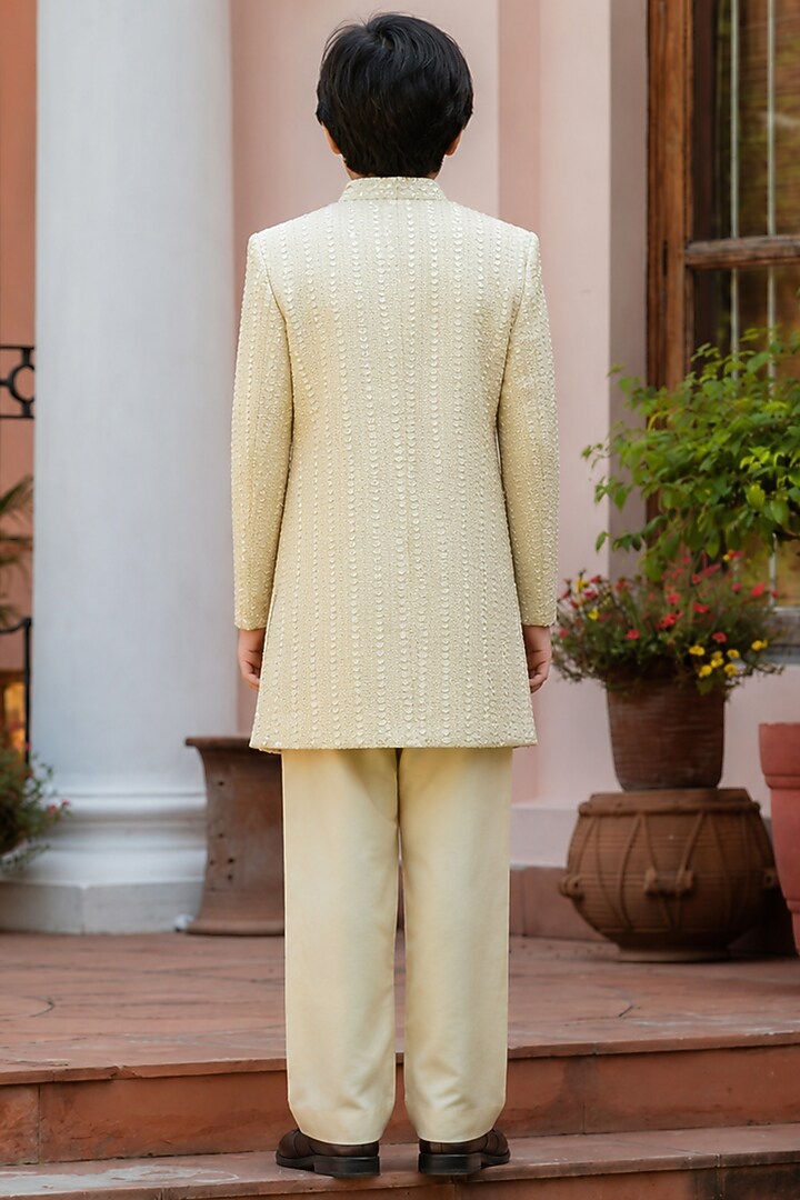 Beigish Gold Chikankari Indowestern Set For Boys by Bohame Kids at Pernia's Pop Up Shop