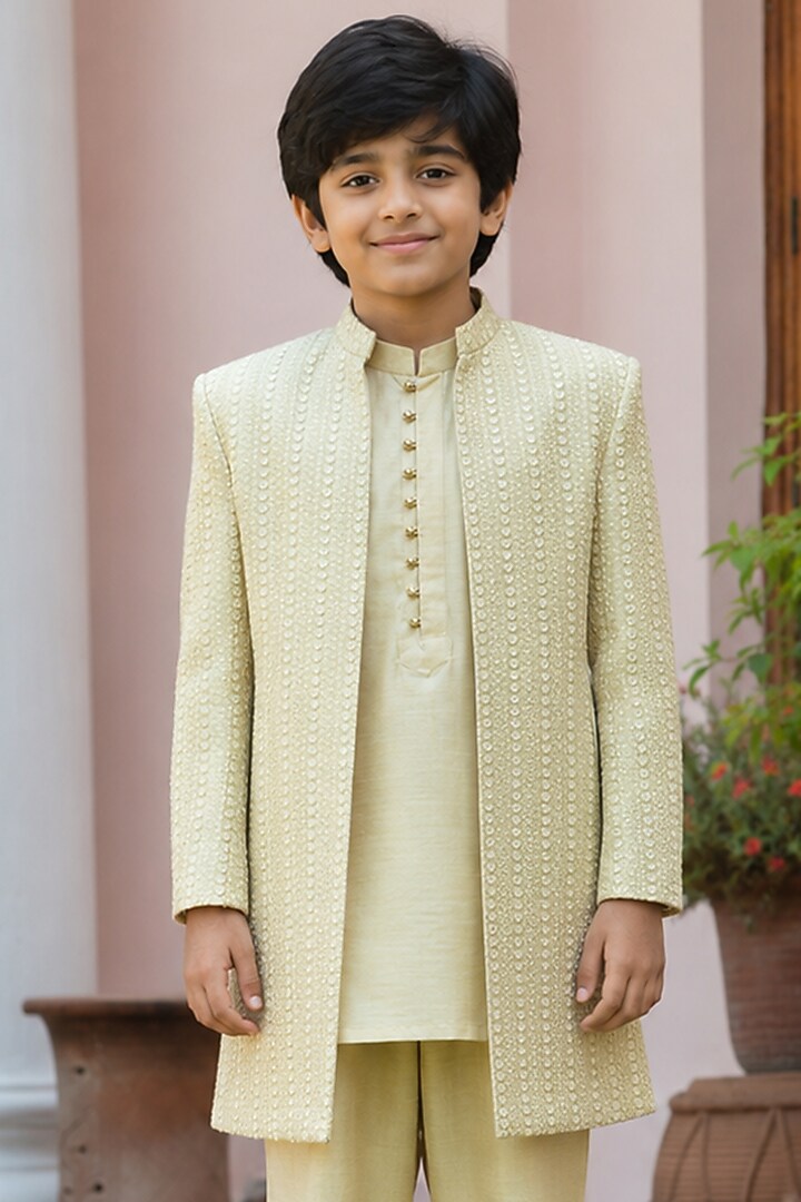 Beigish Gold Chikankari Indowestern Set For Boys by Bohame Kids at Pernia's Pop Up Shop