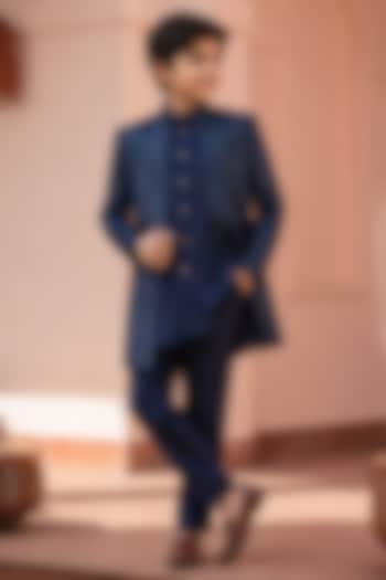 Navy Blue Chikankari Indowestern Set For Boys by Bohame Kids at Pernia's Pop Up Shop