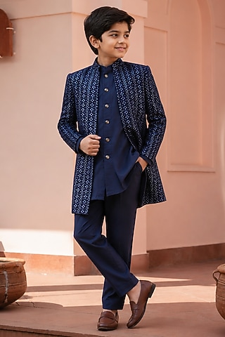 Navy Blue Chikankari Indowestern Set For Boys by Bohame Kids