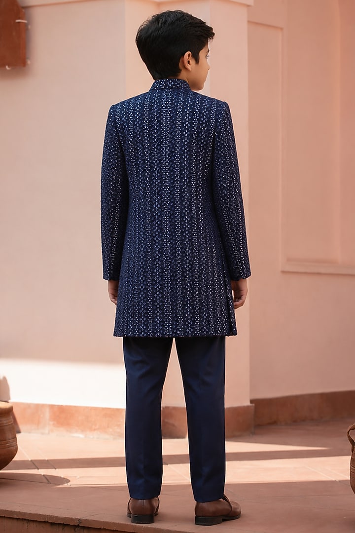 Navy Blue Chikankari Indowestern Set For Boys by Bohame Kids at Pernia's Pop Up Shop
