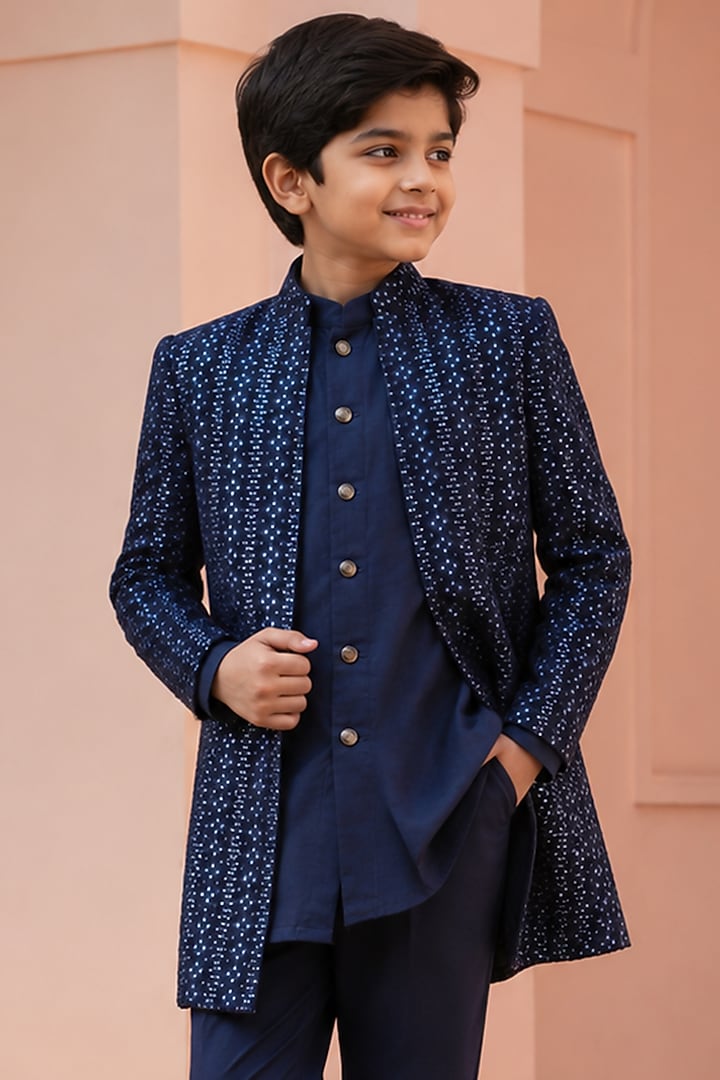 Navy Blue Chikankari Indowestern Set For Boys by Bohame Kids at Pernia's Pop Up Shop