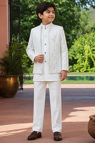 White Chikankari Indowestern Set For Boys by Bohame Kids