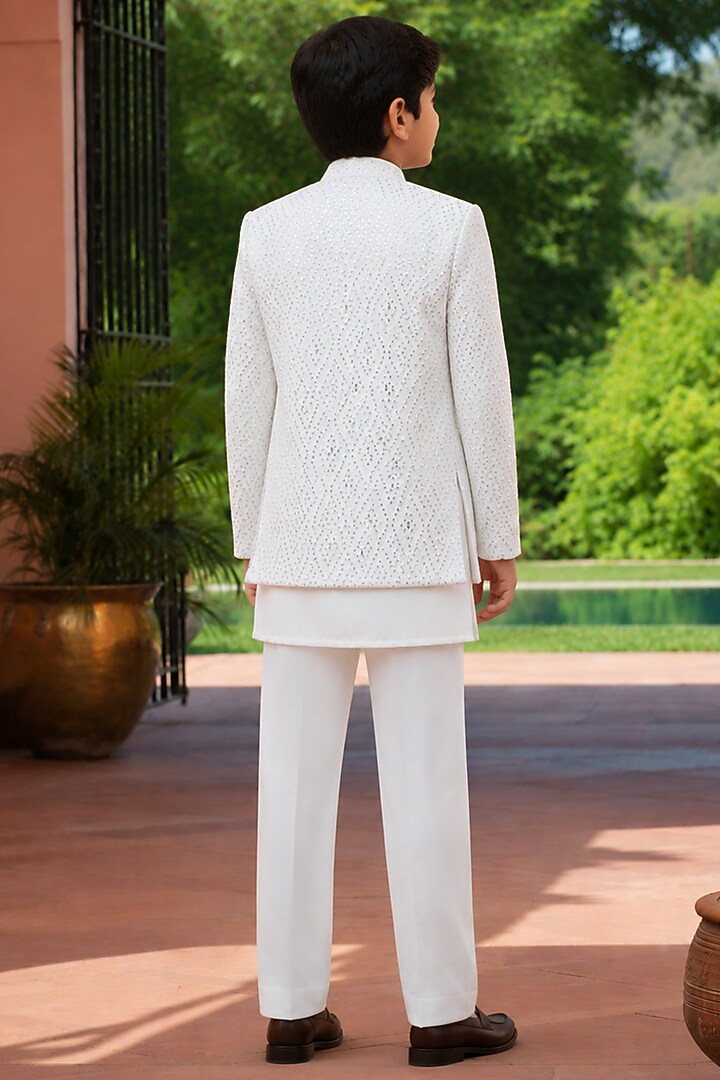 White Chikankari Indowestern Set For Boys by Bohame Kids at Pernia's Pop Up Shop