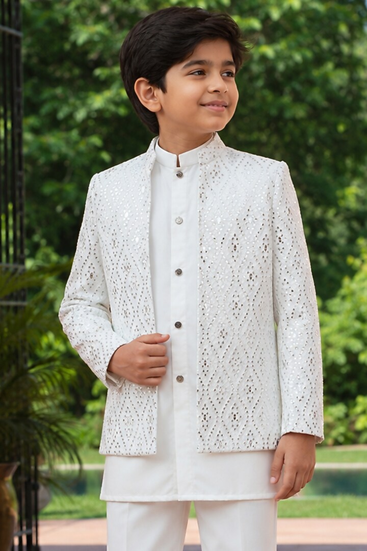 White Chikankari Indowestern Set For Boys by Bohame Kids at Pernia's Pop Up Shop