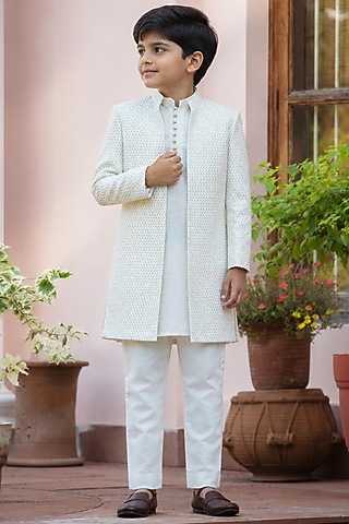 Off-White Chikankari Indowestern Set For Boys by Bohame Kids