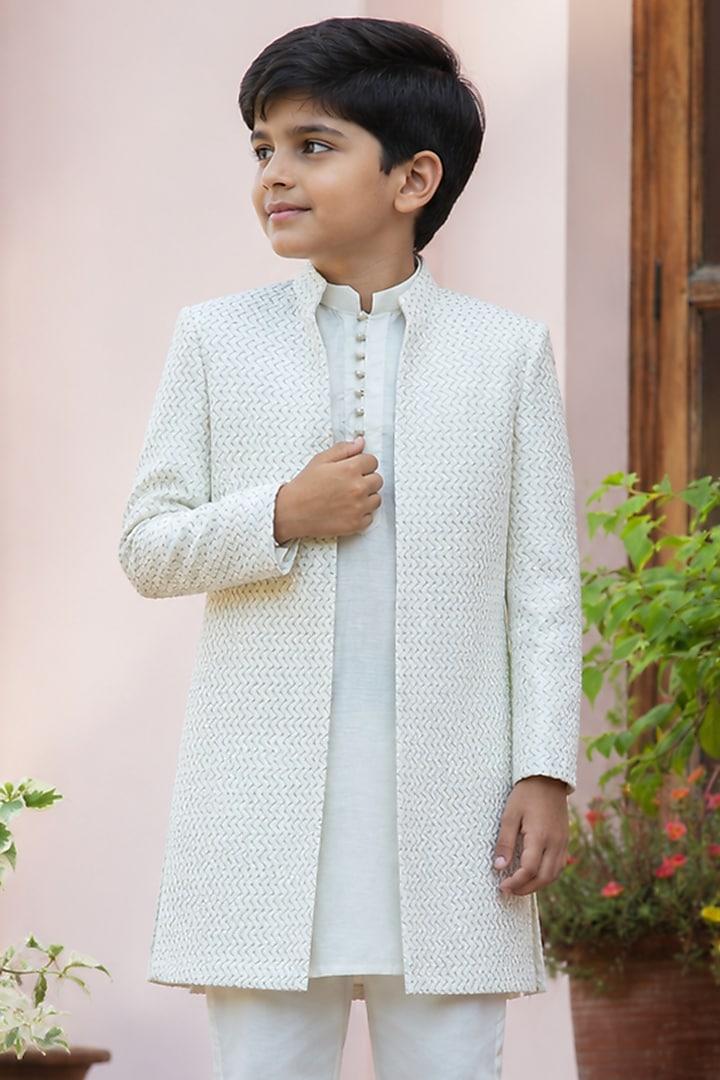 Off-White Chikankari Indowestern Set For Boys by Bohame Kids at Pernia's Pop Up Shop