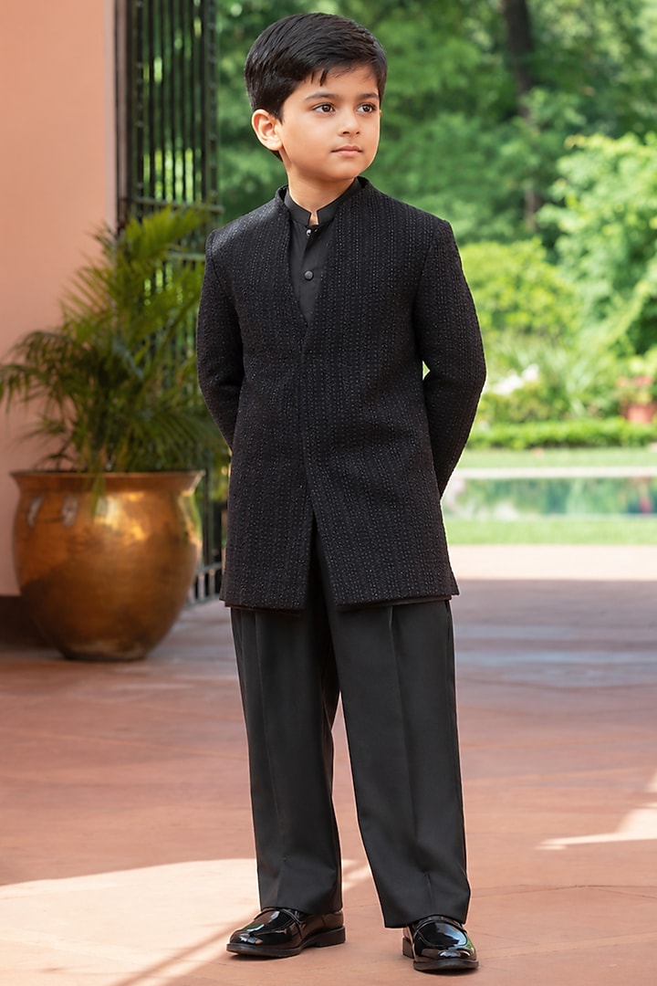 Black Chikankari Indowestern Set For Boys by Bohame Kids at Pernia's Pop Up Shop